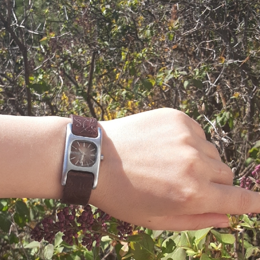 Silver and Brown Watch with Floral Strap By Buffalo